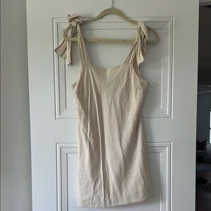 Elegant Cream Linen Mini Dress with Adjustable Bow Tie Straps
